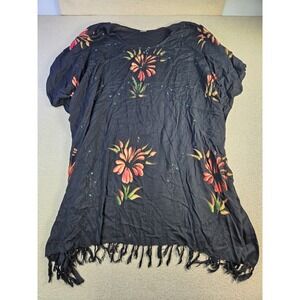 Island Planet Miami Beach One Size Black Floral Beaded Fringe Tunic Cover Up